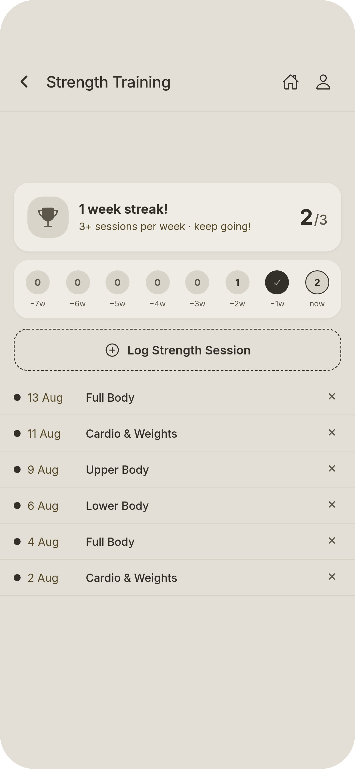 Strength training screen showing weekly streak and session log