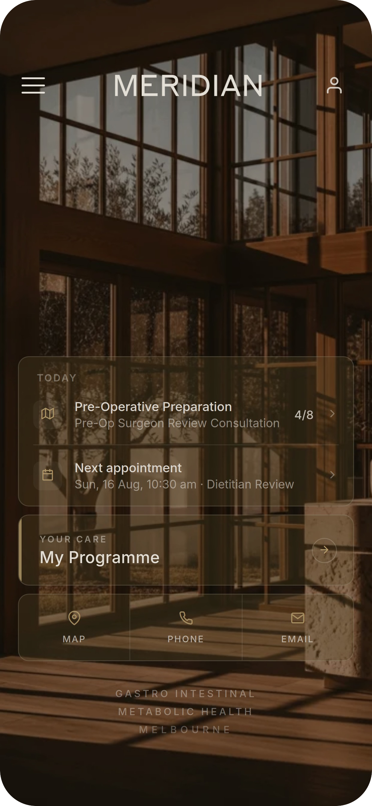 Meridian Health app home screen showing today tasks, next appointment and My Programme