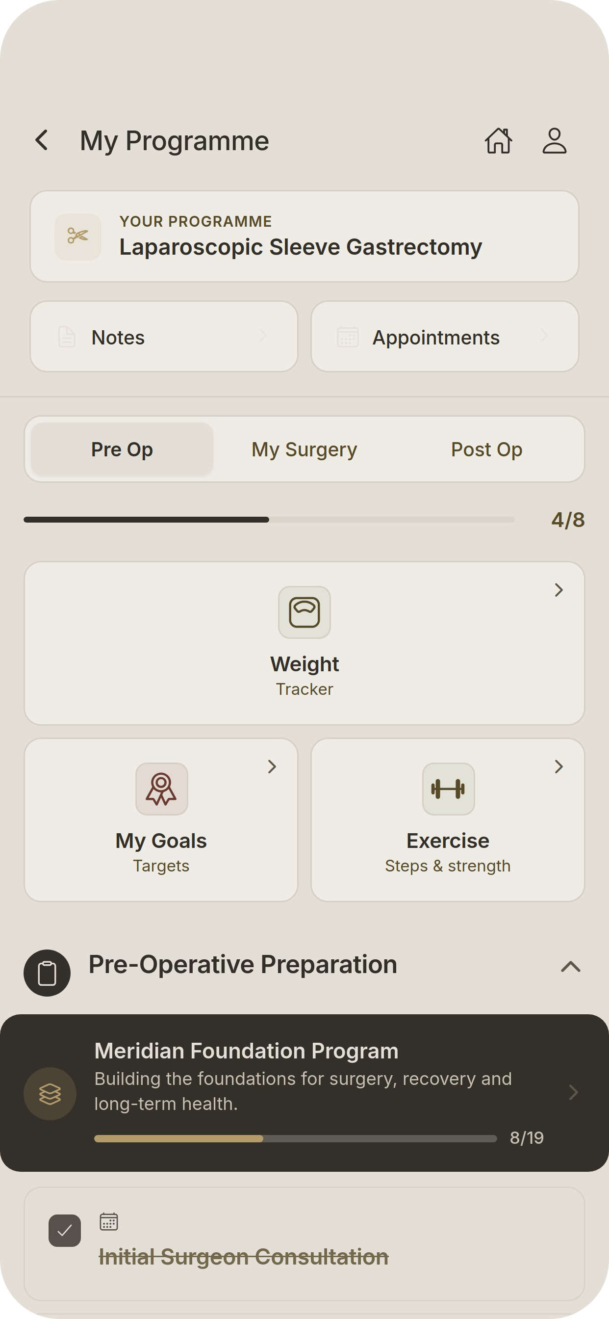 My Programme screen showing pre-op, surgery and post-op phases