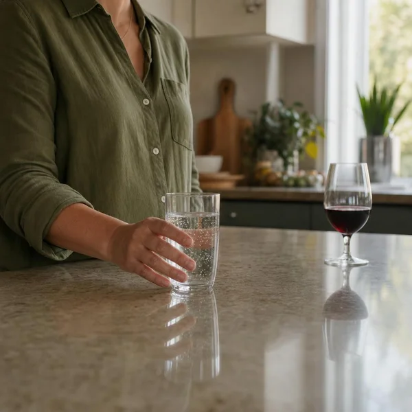 A person choosing sparkling water instead of wine at home
