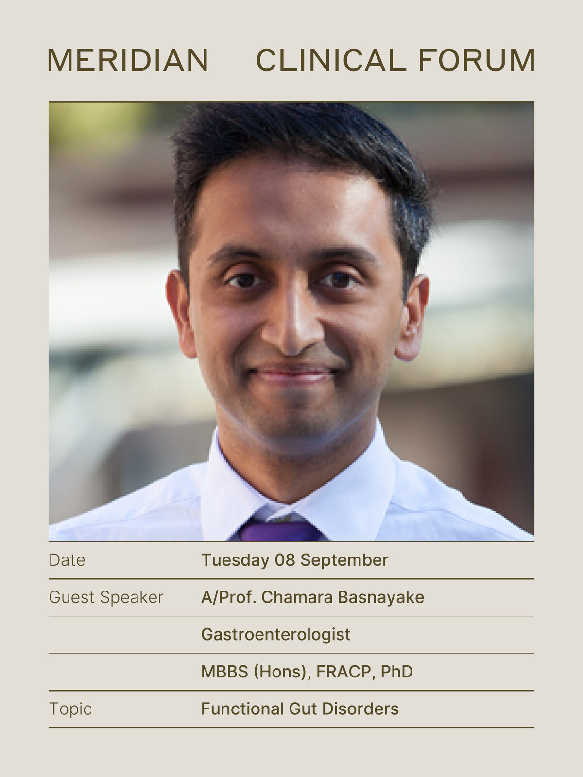Clinical Forum details for A/Prof Chamara Basnayake speaking on Functional Gut Disorders
