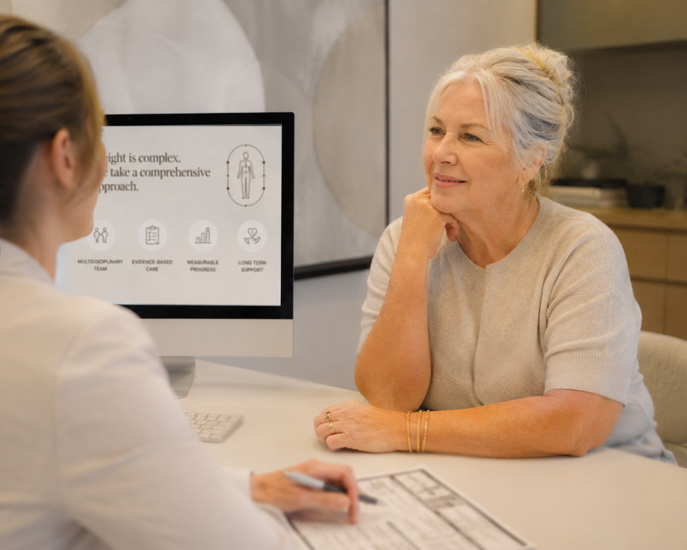 Patient speaking with a clinician during a Meridian Health consultation
